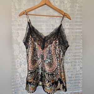 Q2 Paisley Satin Camisole With Lace, Womens Medium